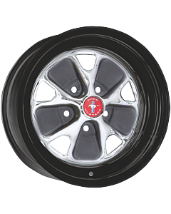 5.5x14 Mustang Styled Steel 67 chromed Lochkreis 5x4 1/2 Backspace 4 Felgenring schwarz